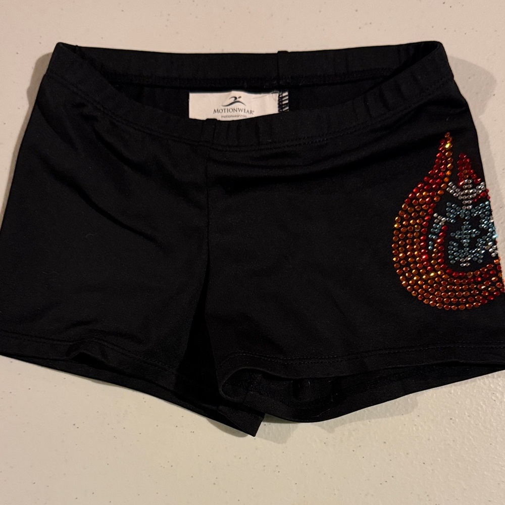 Motionwear Black Dance Shorts with Rhinestone Flame Accent
